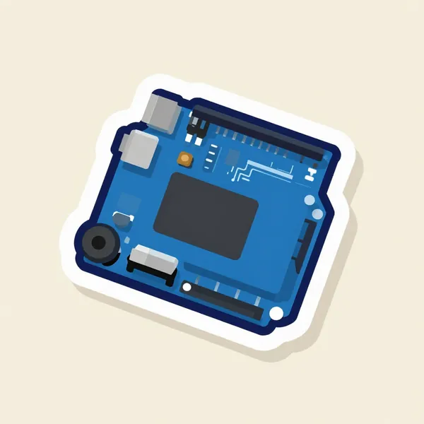 示意插圖：藍色 UNO 板，兩排排針、USB-B 口與一顆 LED