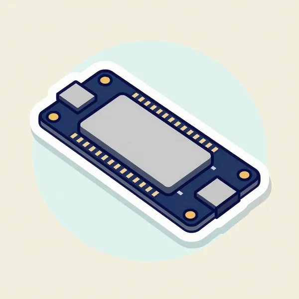 示意插圖：深藍色 ESP32 開發板，金屬罩模組與兩排排針
